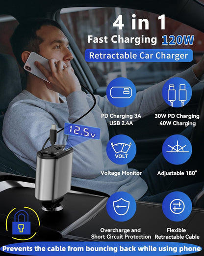 Retractable Car Charger, 4 in 1 Fast Charging Car Charger USB-C & USB-A Compatible with iPhone 16/15/14/13/12/11,Galaxy,Pixel - PuriLite