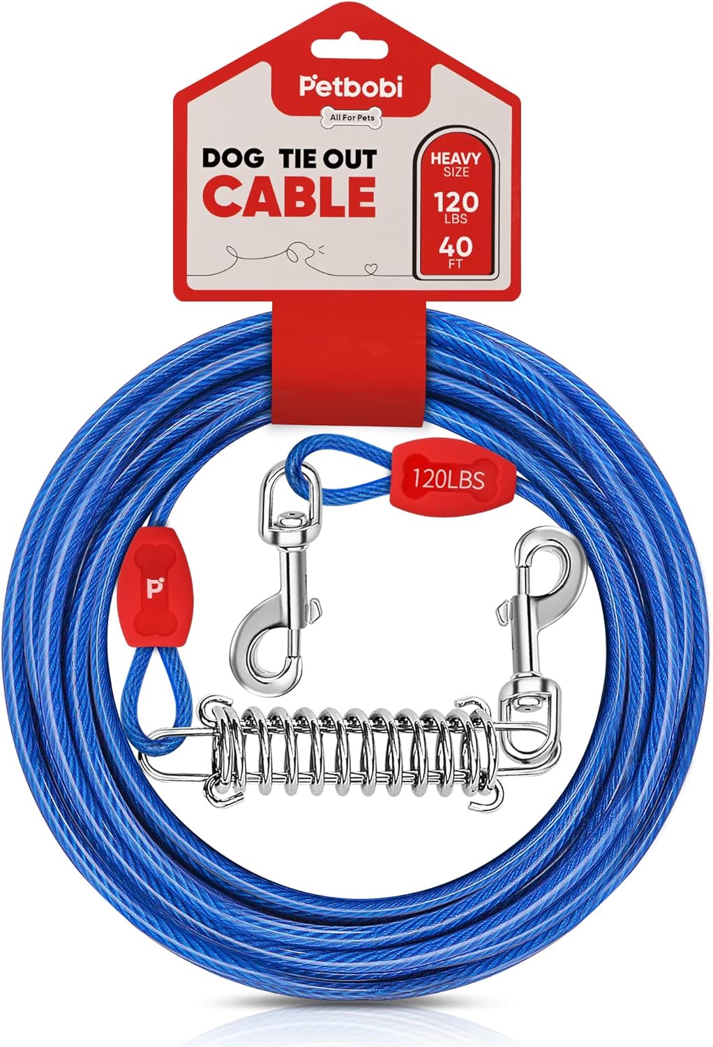 Petbobi Dog Tie-Out Cable 30ft - Outdoor Leash 4mm Metal Cable with Shock Absorbing Spring 360° Swivel Clips, Dog Chain for Yard Camping, Fit Small Medium Large Pets Up to 120lbs, Blue - PuriLite