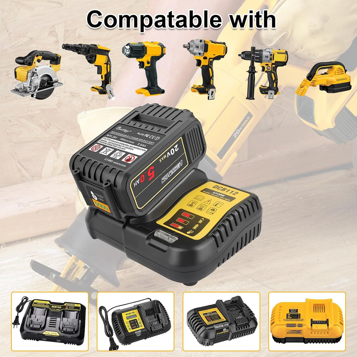 AMICROSS 2 Pack 20V 5000mAh Battery Replacement for Dewalt 20V Battery Compatible with DCB206 DCB200 DCB201 DCB204 20 Volt Lithium-Ion MAX DCD/DCF/DCG Series Cordless Tools & Chargers DCB112 DCB115 - PuriLite