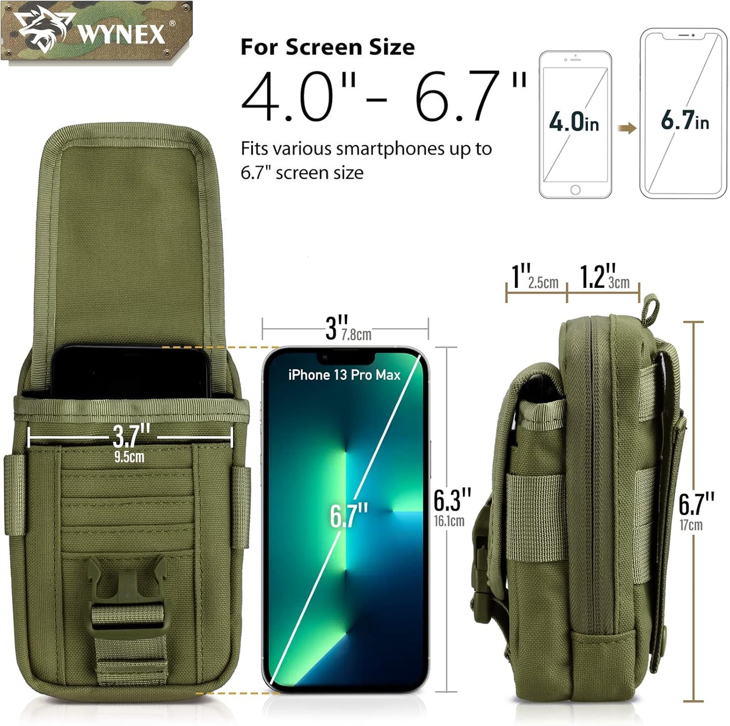 WYNEX Tactical Compass Phone Pouch, Large Molle Smartphone Holster Case Double Capacity Small Utility EDC Pouch with Compass Buckle and Carabiner - PuriLite
