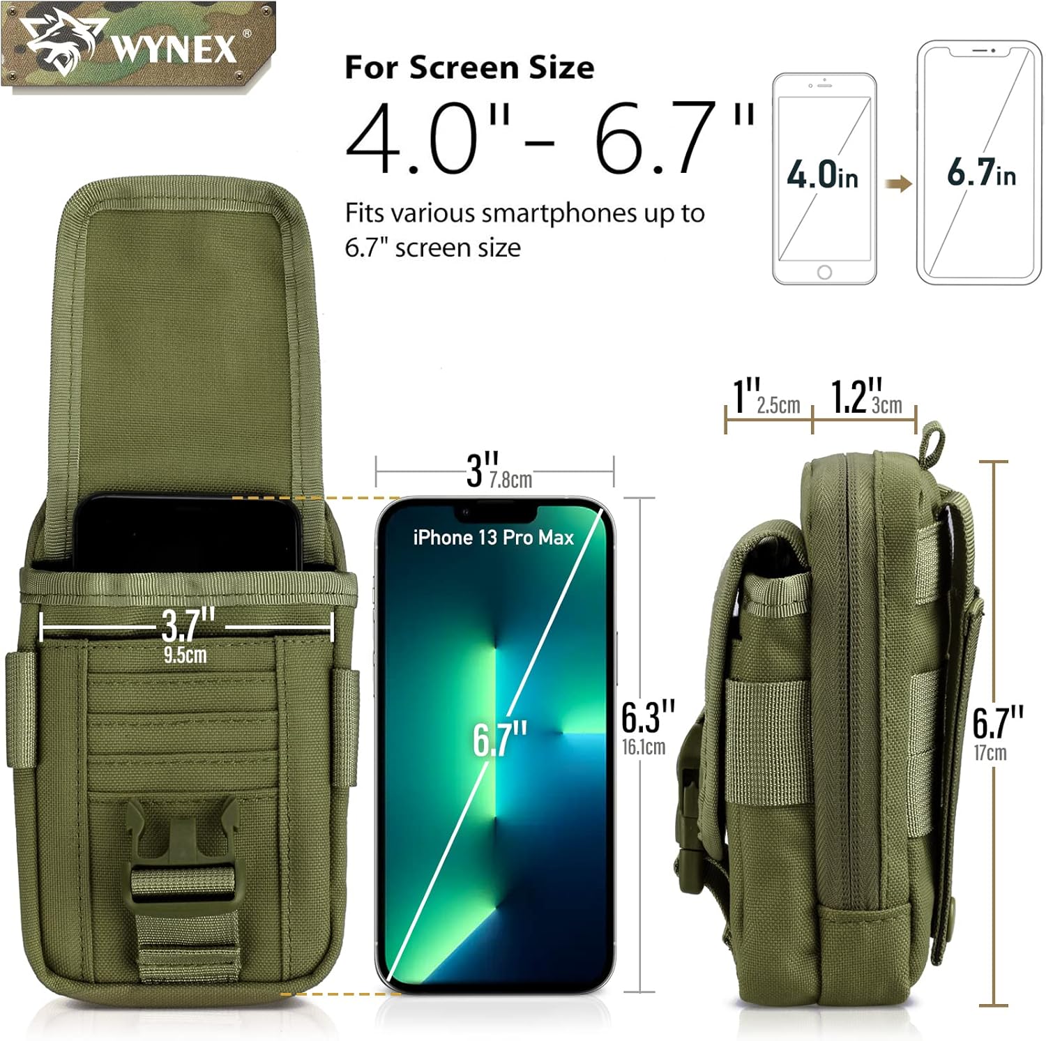 WYNEX Tactical Compass Phone Pouch, Large Molle Smartphone Holster Case Double Capacity Small Utility EDC Pouch with Compass Buckle and Carabiner - PuriLite