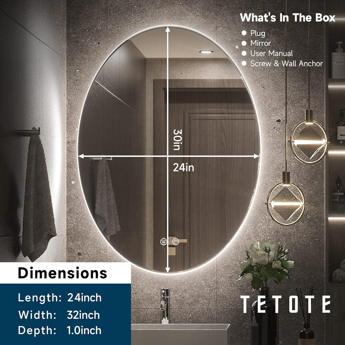 TETOTE 28 Inch Round LED Bathroom Vanity Mirror, Anti-Fog Dimmable Lights IP54 Waterproof Circle Makeup Wall Mounted Mirror - PuriLite