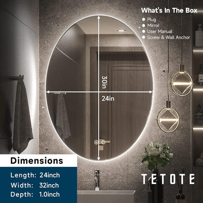 TETOTE 28 Inch Round LED Bathroom Vanity Mirror, Anti-Fog Dimmable Lights IP54 Waterproof Circle Makeup Wall Mounted Mirror - PuriLite