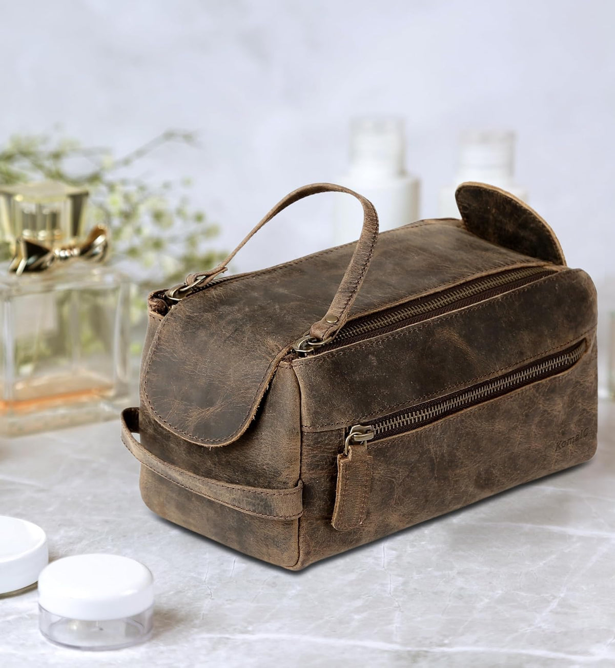 Premium Buffalo Leather Unisex Toiletry Bag Travel Dopp Kit Shaving kit (Distressed Tan) - PuriLite