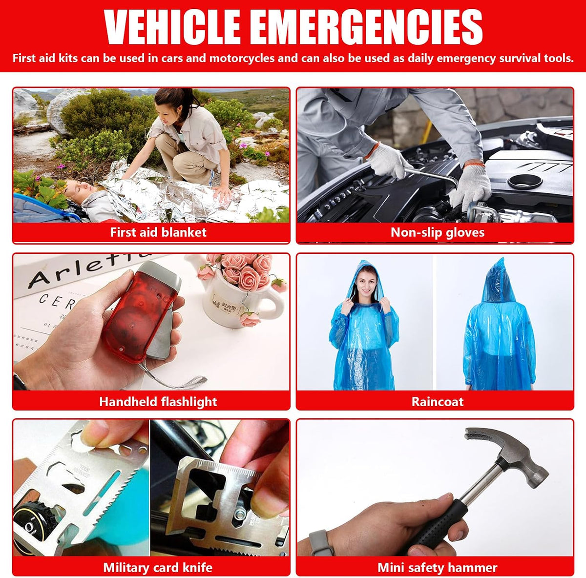 Car Emergency Kit with Tow Rope, Jumper Cables, Tire Repair & First Aid