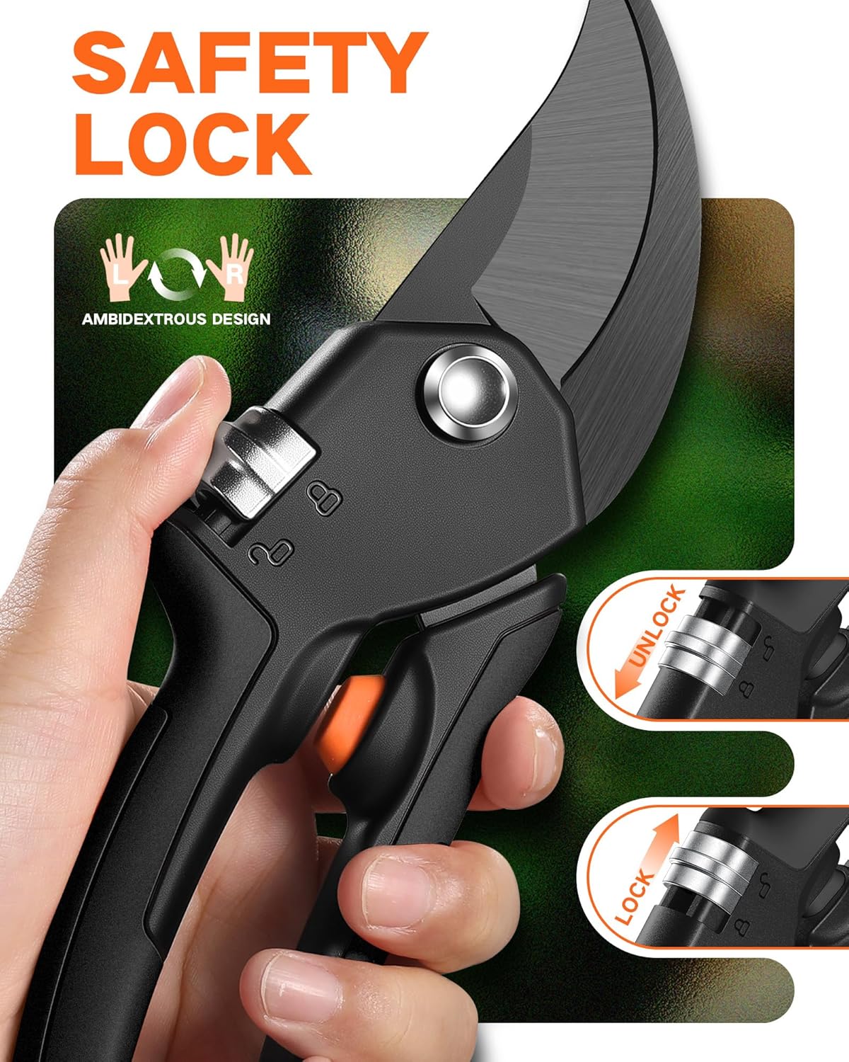 VOTREK Pruning Shears - 8.5" Heavy Duty Bypass Pruners for Gardening with Built-in Spring & SK5 Steel Blades - Ergonomic Adjustable Handle for All Hand Sizes, Garden Clipper Plant Scissors for Branch - PuriLite