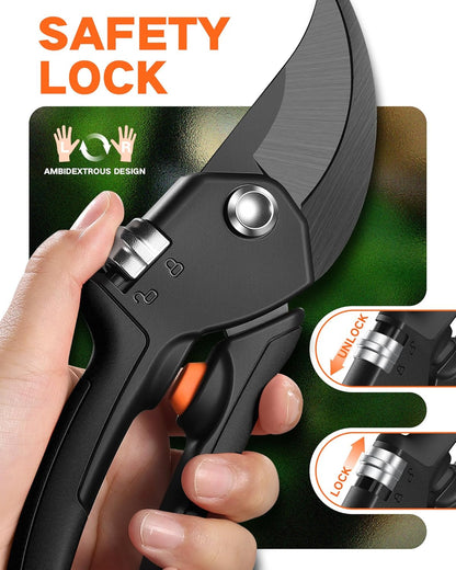 VOTREK Pruning Shears - 8.5" Heavy Duty Bypass Pruners for Gardening with Built-in Spring & SK5 Steel Blades - Ergonomic Adjustable Handle for All Hand Sizes, Garden Clipper Plant Scissors for Branch - PuriLite