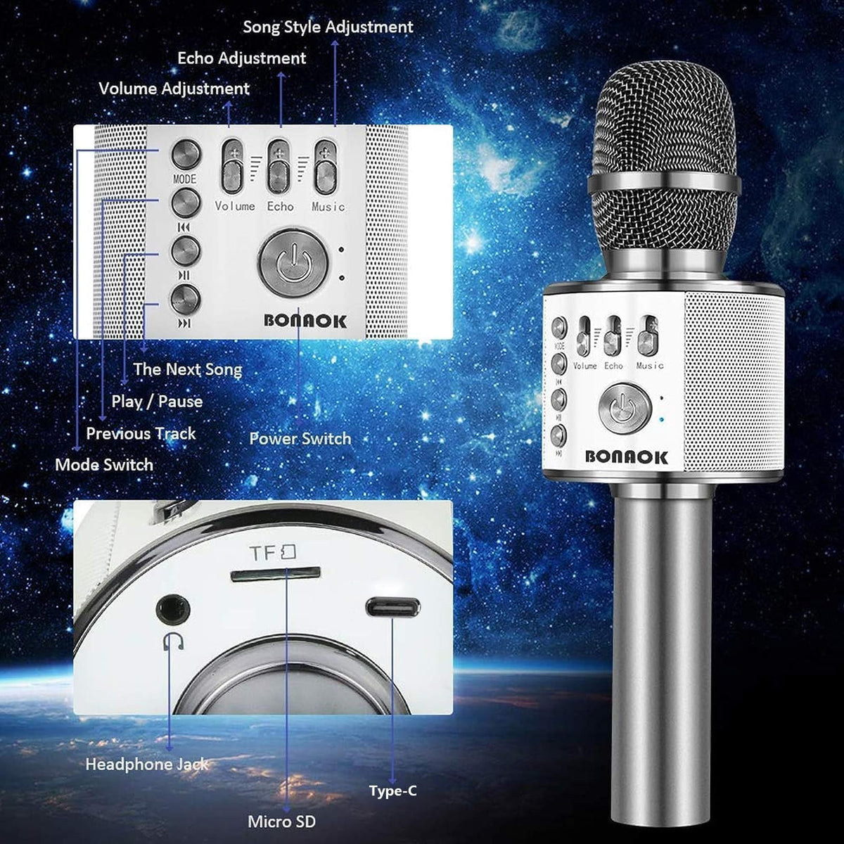 BONAOK Wireless Bluetooth Karaoke Microphone,3-in-1 Portable Instrument Wireless Microphone Mic Speaker Machine Home Party Birthday for All Smartphones（Black） - PuriLite