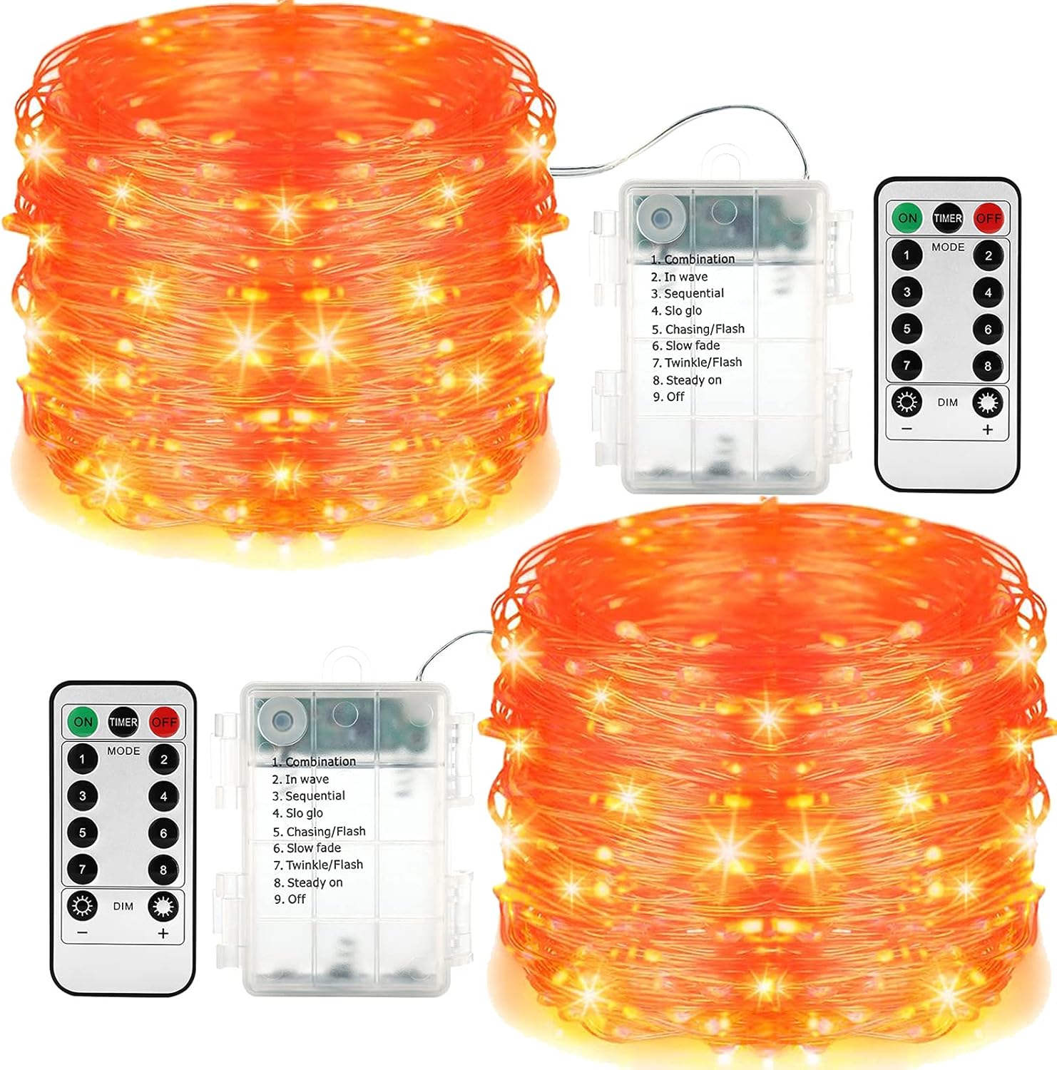 LYHOPE Orange Halloween Lights, 2 Pack 33ft 100 Led Battery Operated Halloween Lights, Waterproof 8 Modes with Remote Copper Wire String Lights for Halloween Holiday Party Carnival Decorations - PuriLite