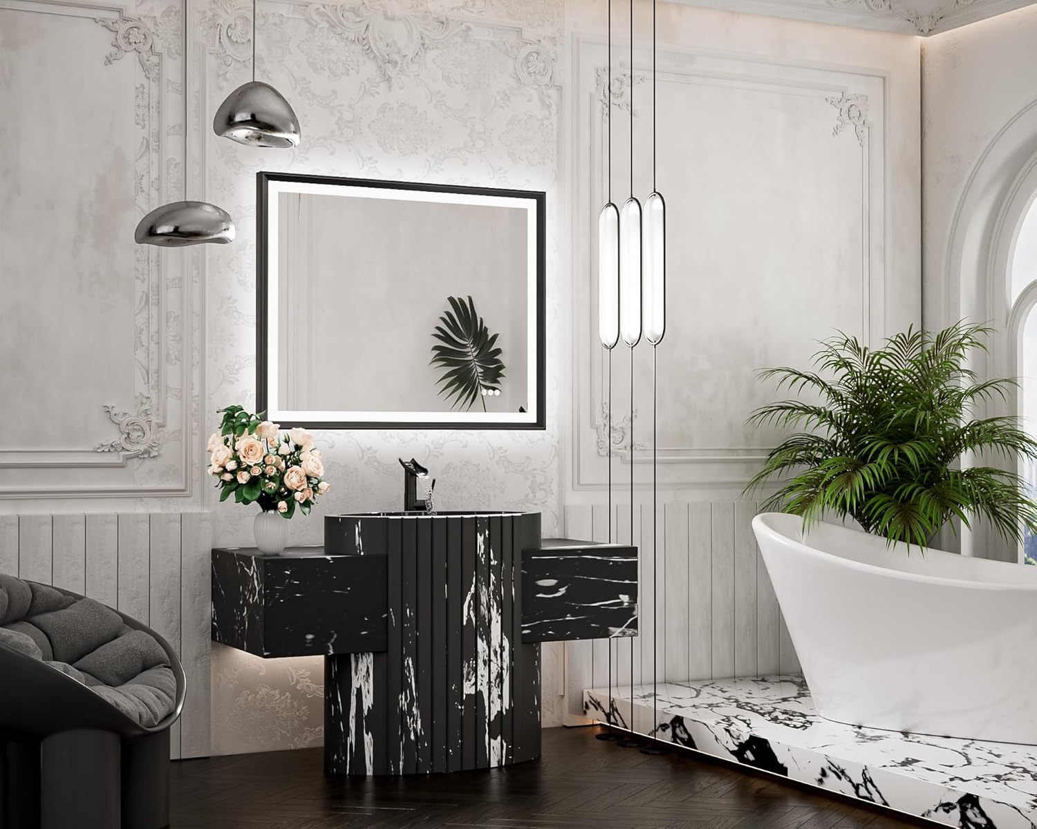 TETOTE 28x36 LED Mirror for Bathroom Black Metal Frame Frontlit & Backlit Lighted Vanity Mirror Baroque Gothic Anti Fog Stepless Dimmable White/Warm/Natural,Wall Mounted(Horizontal/Vertical) - PuriLite
