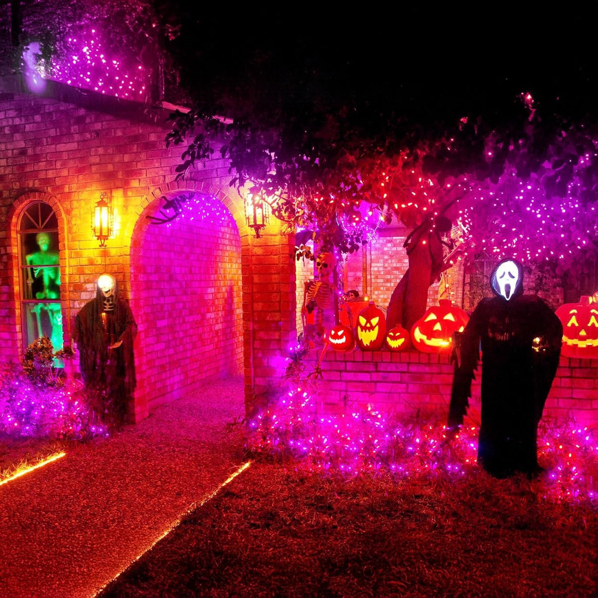 Haili Halloween Lights Outdoor, 105 FT 300 LED Halloween String Lights with Memory Function, Plug in 8 Mode String Lights for Halloween,Christmas,Party, Patio, House Decoration (Purple Orange) - PuriLite