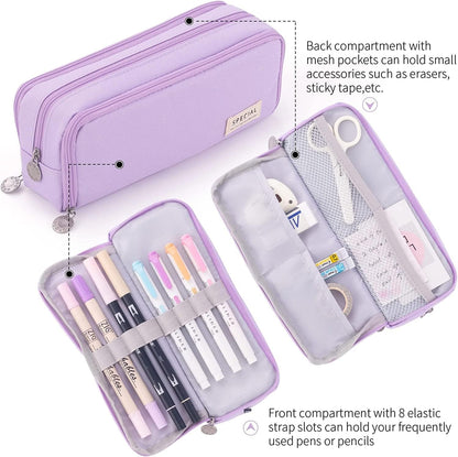 Big Capacity Pencil Case, OLIYuMi 3 Compartment Pencil Pouch Pencil Bag Storage Box Stationery Organizer Makeup Bag with Zipper Closure for Student Office College Boys and Girls (Pink) - PuriLite