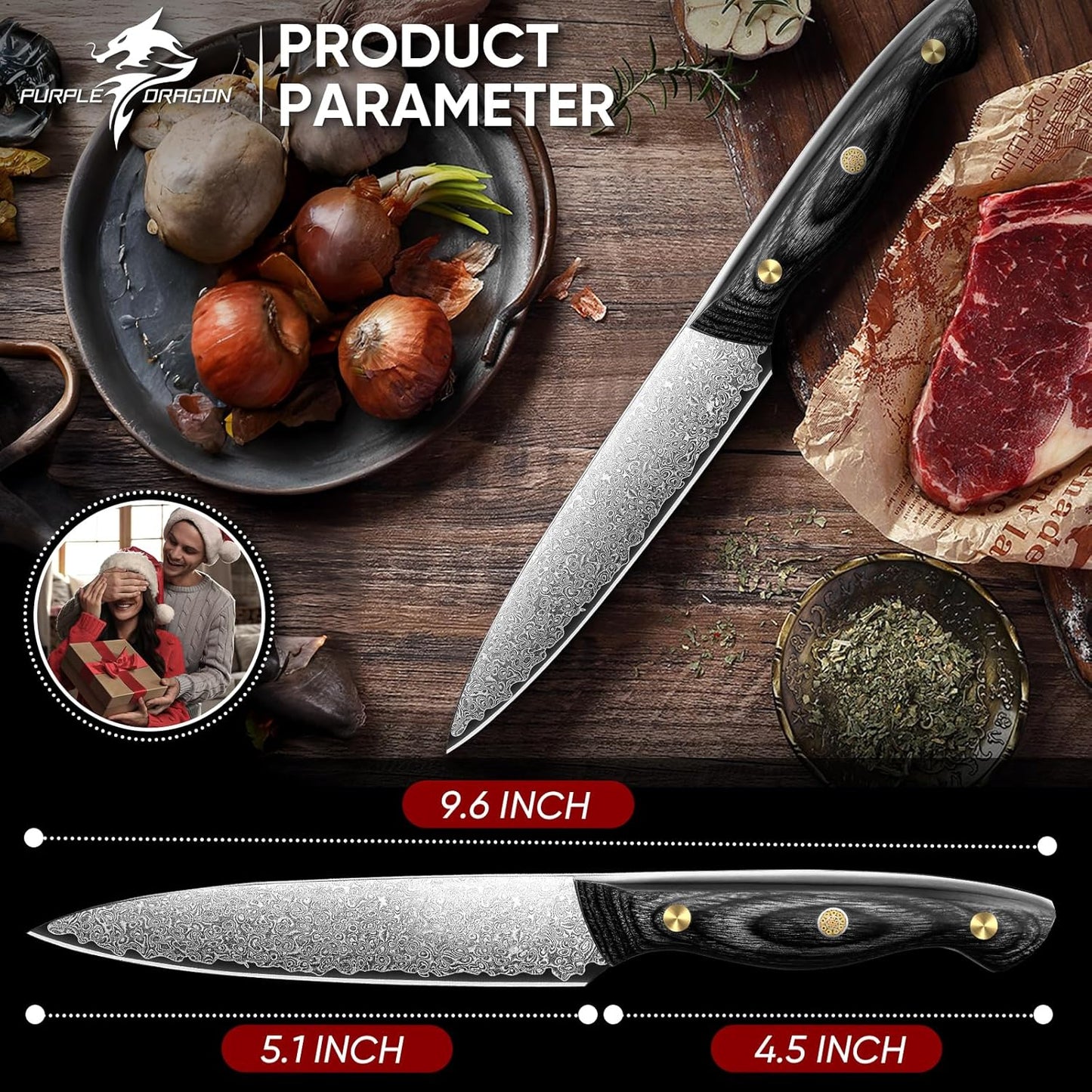 Purple Dragon Damascus Fish Fillet Knife - 7 inch Flexible Boning Knife with VG10 Core, Kitchen Slicing Knife with Full Tang Handle, Birthday Dad Mom Gift - PuriLite