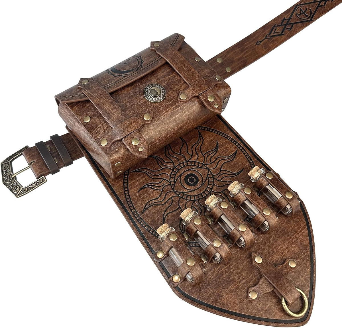HiiFeuer 3PCs Medieval Alchemy Faux Leather Belt Bag Set with 5 Cork Potion Vials, Fantasy Embossed Wizard Halloween Belt(Brown A) - PuriLite