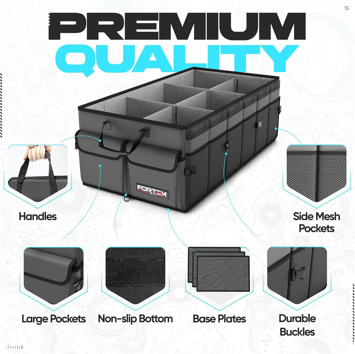 FORTEM Car Trunk Organizer, Collapsible Multi Compartment Car Organizer, Foldable SUV Storage for Car Accessories for Women Men, Non Slip Bottom, Securing Straps, Soft Cover 50L (Black, Standard) - PuriLite