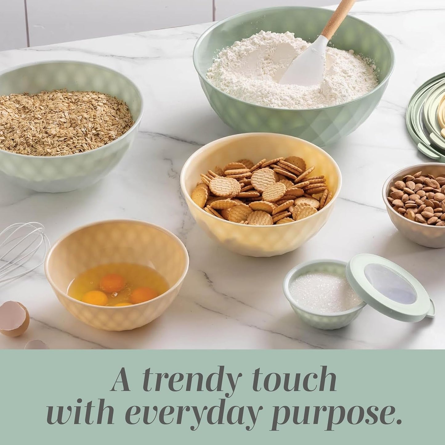 COOK WITH COLOR Mixing Bowls with TPR Lids - 12 Piece Plastic Nesting Bowls Set Includes 6 Prep Bowls and 6 Lids, Microwave Safe Mixing Bowl Set (Mint) - PuriLite