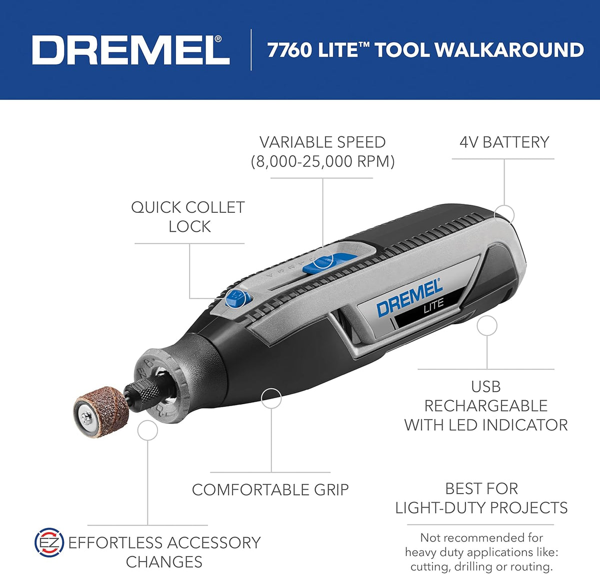 Dremel Lite 7760 N/10 4V Li-Ion Cordless Rotary Tool Variable Speed Multi-Purpose Rotary Tool Kit, USB Charging, Easy Accessory Changes - Perfect for Light-Duty DIY & Crafting - PuriLite