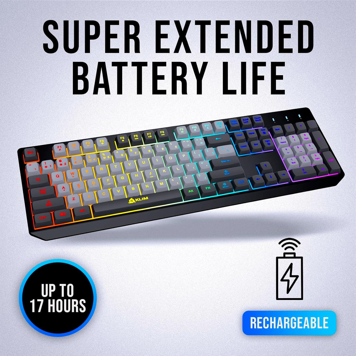 KLIM  Chroma Wireless Gaming Keyboard RGB New - Long-Lasting Rechargeable Battery - Quick and Quiet Typing - Water Resistant Backlit Wireless Keyboard for PC PS5 PS4 Mac - Black - PuriLite