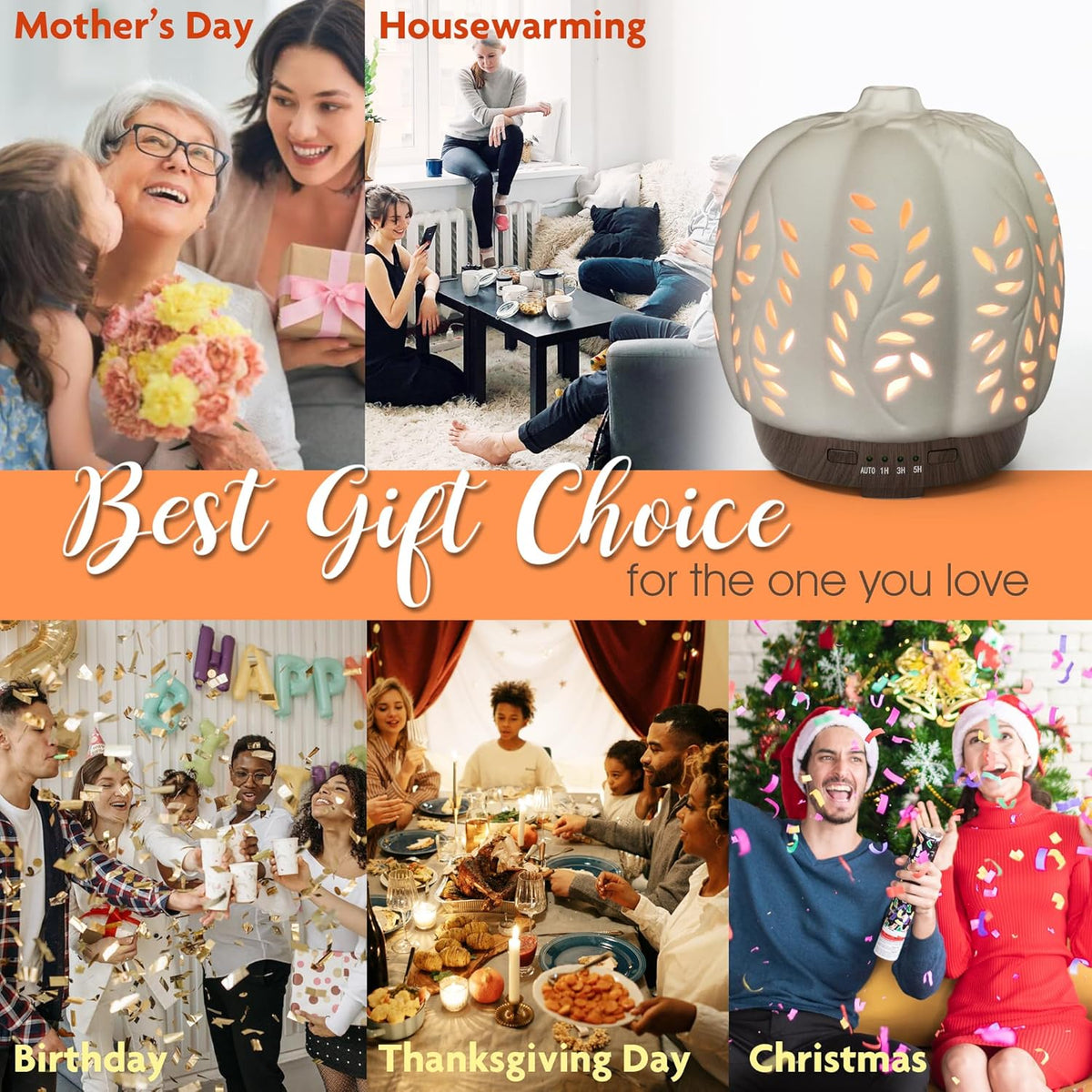 Earnest Living Essential Oil Diffuser White Pumpkin Ceramic Diffuser 250 ml Timers Night Lights and Auto Off Function Home Office Humidifier Aromatherapy Diffusers for Essential Oils Halloween - PuriLite