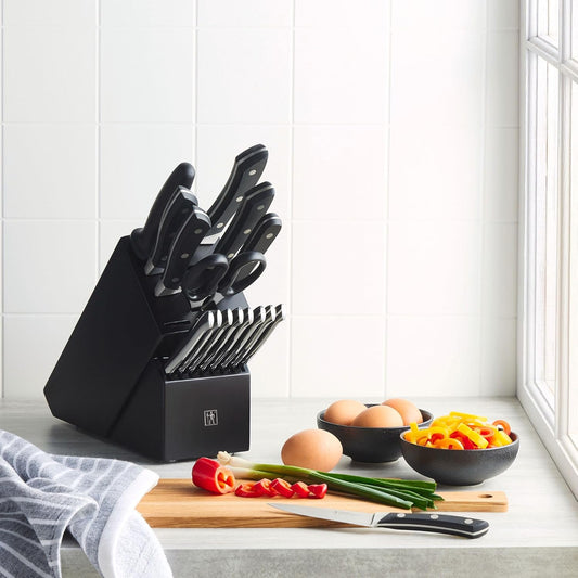 HENCKELS Aviara Premium Knife Block Set - 17 PC Professional Cutlery Knife Set, High Carbon Stainless Steel, Triple Rivet Handle, Chef Knife Set, Knife Set with Block for Kitchen, Black, 17 Piece - PuriLite