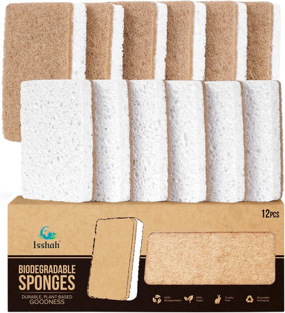 Isshah Plant-Based Kitchen Sponges - FSC Certified and PETA Approved, Natural, Eco-Friendly, Biodegradable Sisal Hemp Sponges for Dishes, Cleaning Sponge for Kitchen, Bathroom, Household - 12 Count - PuriLite