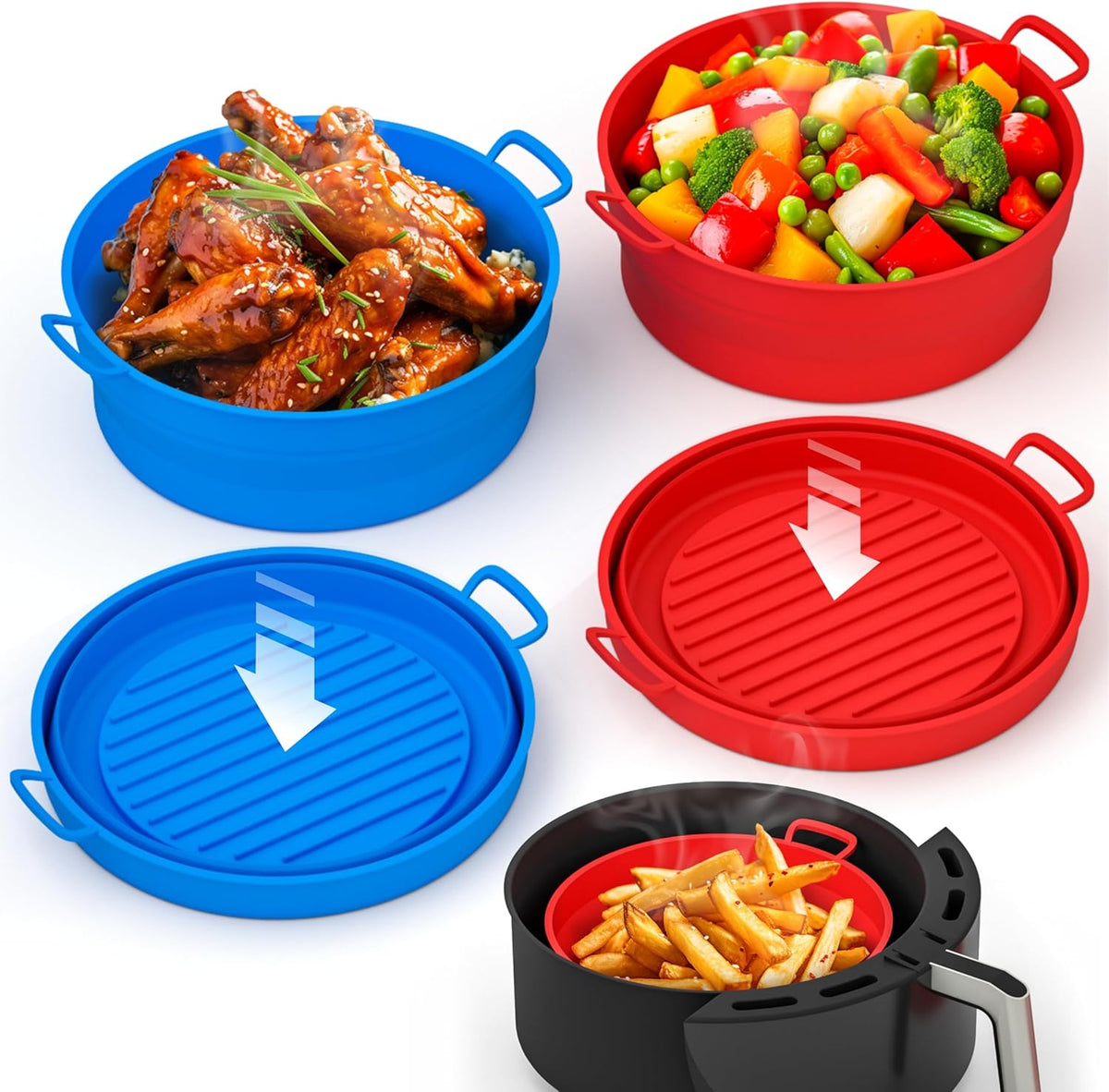 Collapsible Silicone Air Fryer Basket Liners Pot - AirFryer Liners Reusable Bowls for 3 to 5 qt - Air Fryer Accessories 2 Pack - Round Silicone Liners (Red & Blue) - PuriLite