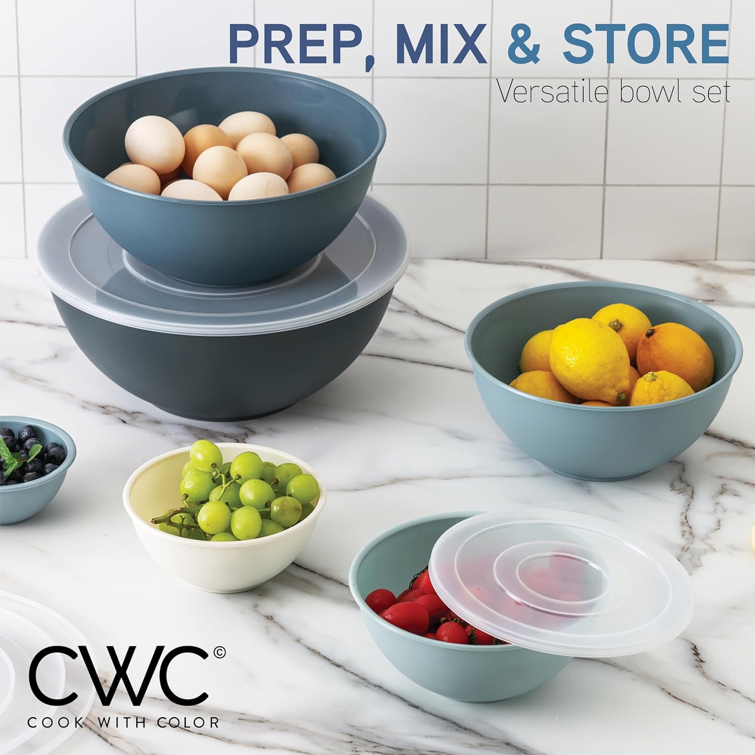 COOK WITH COLOR Mixing Bowls with TPR Lids - 12 Piece Plastic Nesting Bowls Set Includes 6 Prep Bowls and 6 Lids, Microwave Safe Mixing Bowl Set (Mint) - PuriLite