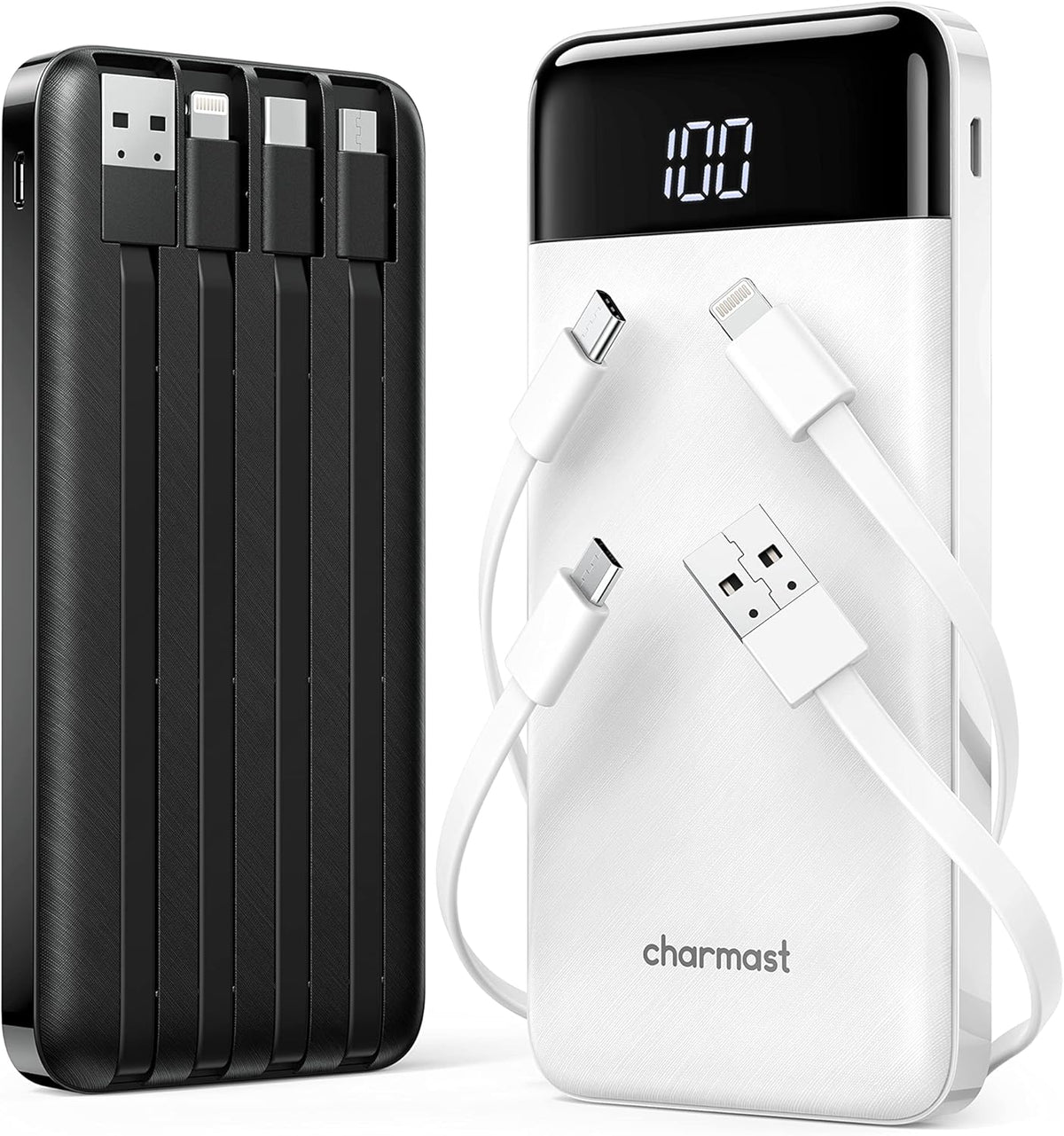 Charmast 2 Pack of Portable Chargers with Built in Cables, 2PCS Slim 10000mAh Travel Essentials Battery Pack 6 Outputs 3A Power Banks for iPhone Samsung Pixel LG Moto iPad (Black + Black) - PuriLite