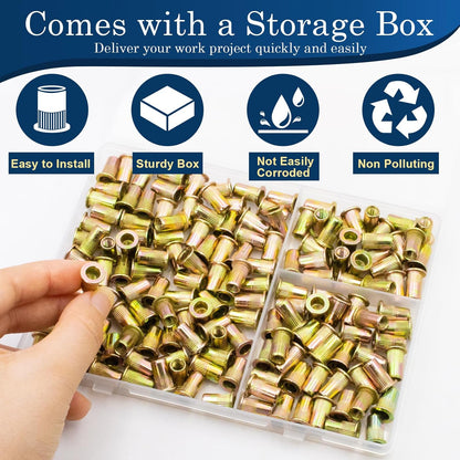Vifmy Metric & SAE Rivet Nut Assortment Kit(420 Pcs),m3 m4 m5 m6 m8 m10 m12#6-32#8-32#10-24 1/4"-20 5/16"-18 3/8"-16 UNC Flat Head Rivnut Set,Zinc Plated Finish Carbon Steel Nutsert - PuriLite