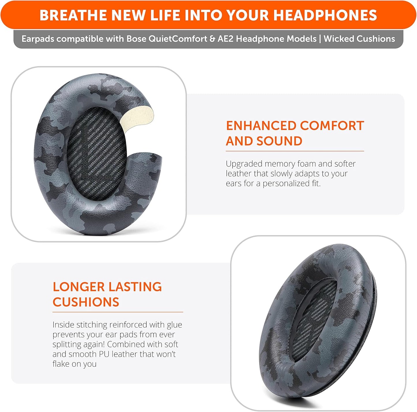 WC Wicked Cushions Upgraded Replacement Ear Pads for Bose QC35 & QC35ii (QuietComfort 35) Headphones & More - Softer Leather, Luxurious Memory Foam, Added Thickness, Extra Durability | Navy Tiger - PuriLite