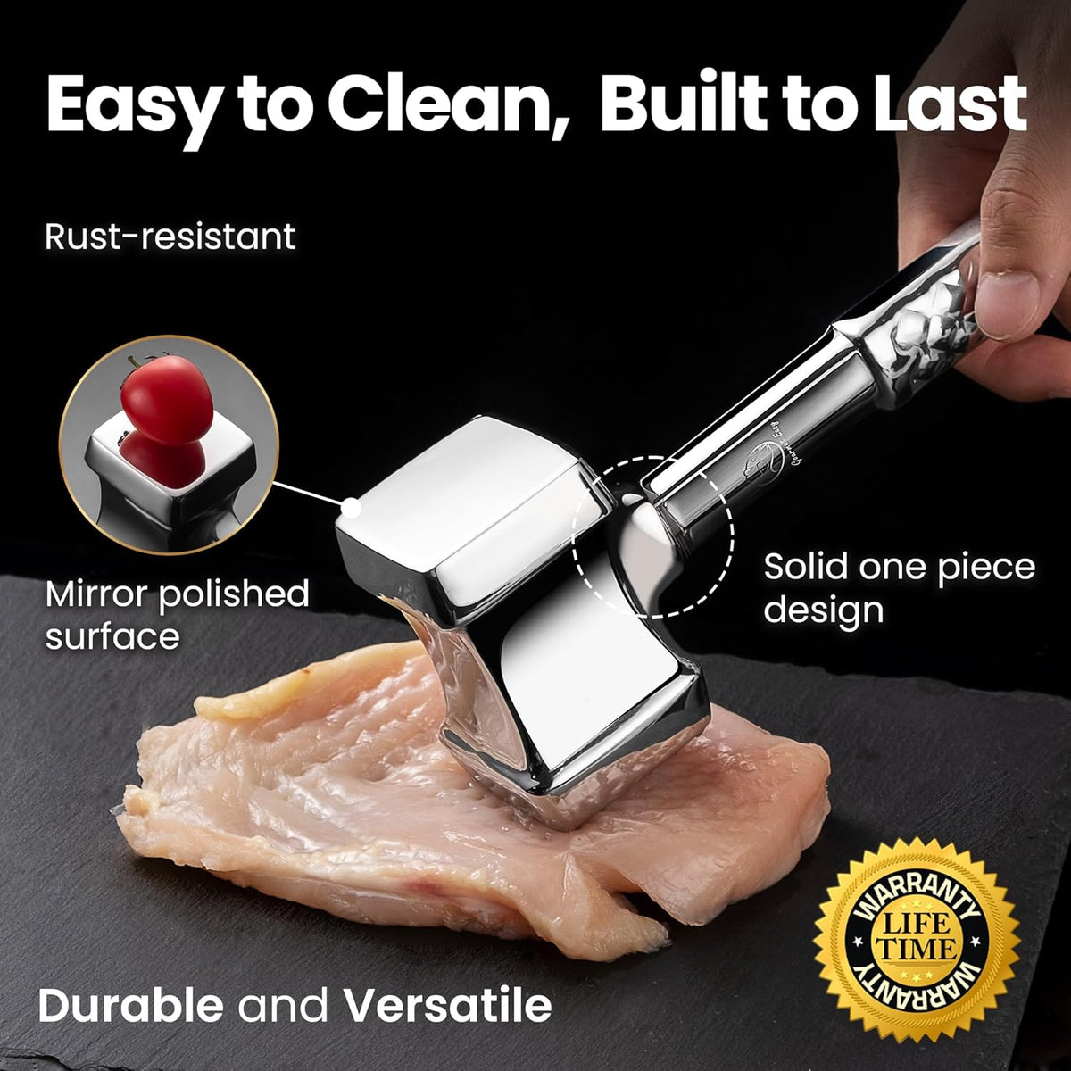 Stainless Steel Meat Tenderizer Tool, Premium Meat Mallet with Non-Slip Grip, Dual-Sided with Heart Shape Design for Tenderizing Steak, Poultry & Chicken Cutlet, Dishwasher Safe, Lifetime Replacement - PuriLite