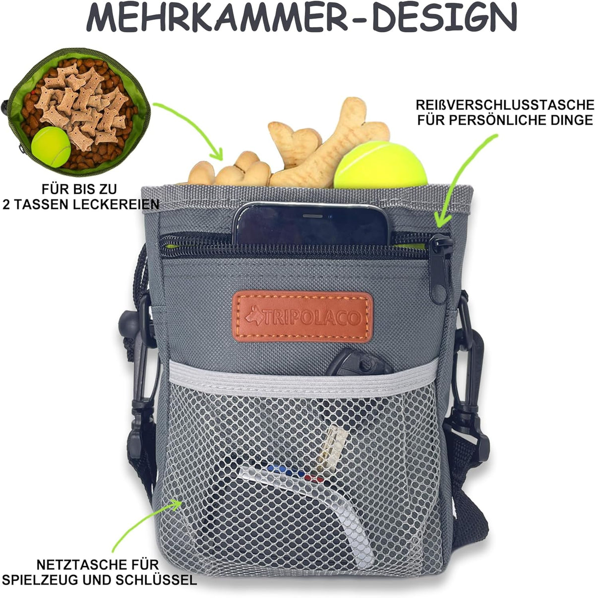 TRIPOLACO Dog Treat Pouch, Large Treat Pouches for Pet Training with Multiple Pockets, Built-in Poop Bag Dispenser & Phone Holder, 3 Wear Styles, Ideal Dog Treat Bag for Training & Walks - PuriLite