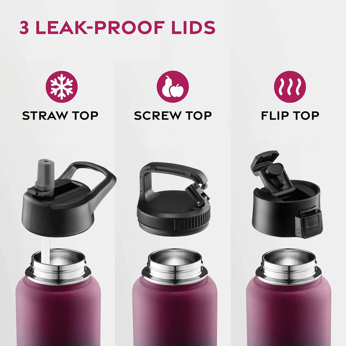 FineDine Water Bottle - Stainless Steel Insulated Water Bottle with Straw Lid, Flip Lid & Wide-Mouth Cap - Keeps Hot and Cold - 25 Oz / 739ml - Pure Pearly White - PuriLite