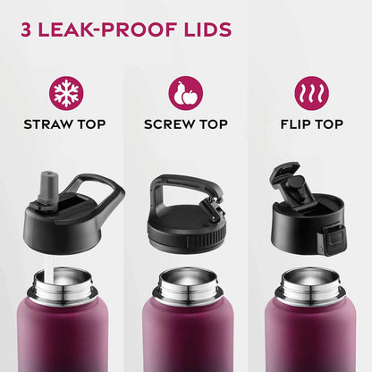 FineDine Water Bottle - Stainless Steel Insulated Water Bottle with Straw Lid, Flip Lid & Wide-Mouth Cap - Keeps Hot and Cold - 25 Oz / 739ml - Pure Pearly White - PuriLite