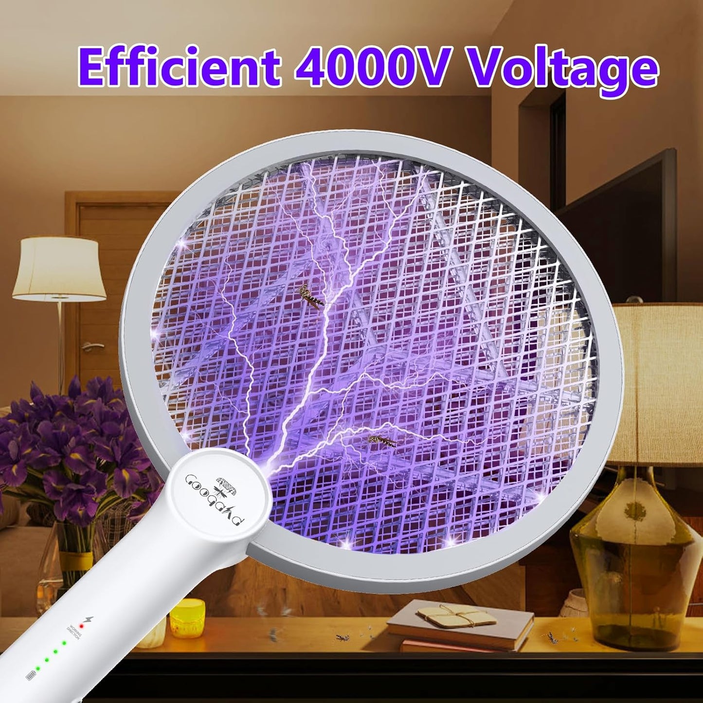 Gooqand Bug Zapper Racket, 2 in 1 Electric Fly Swatte with 3 Layer Safety Mesh, 4000V Fly Zapper with USB Rechargeable, Indoor Outdoor Fly Racket for Bedroom, Kitchen, Camping - PuriLite