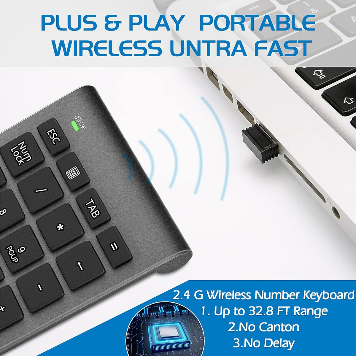 Wireless Number Pad, Portable 2.4Ghz USB 10 Keys Financial Accounting Numeric Keypad Data Entry Numpad for Laptop, PC, Desktop - PuriLite