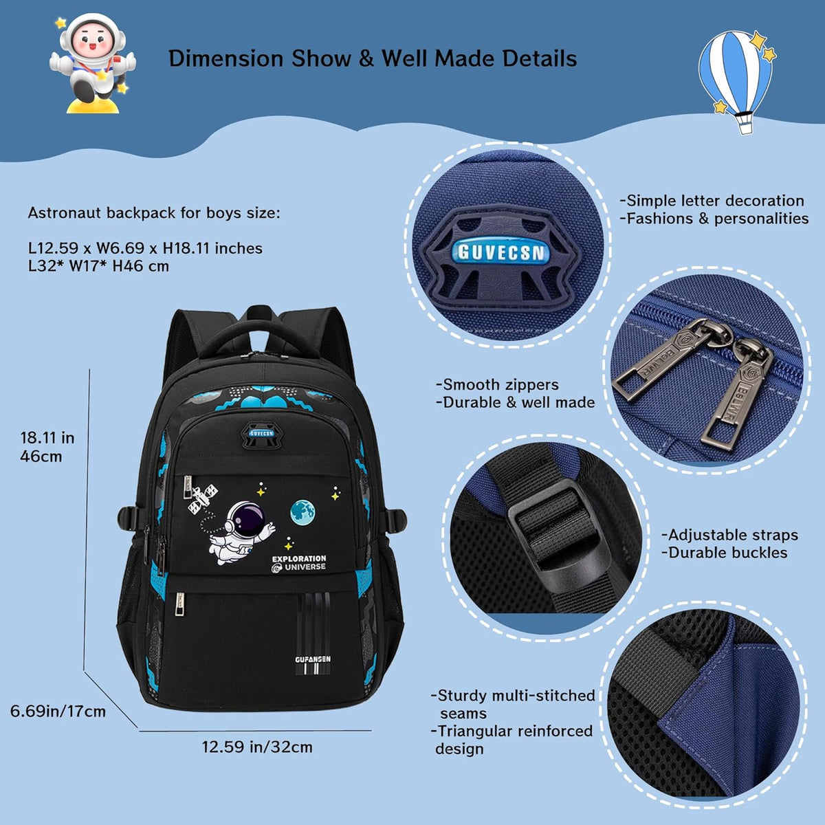 MITOWERMI Astronaut-space Backpack for Boys-Girls Elementary Middle School Bags for Girls Kids Bookbag - PuriLite