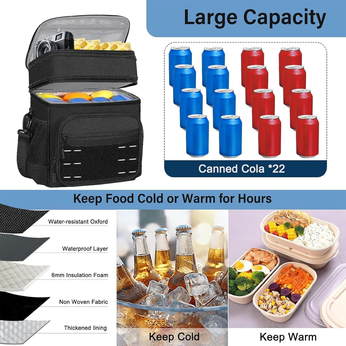 Lunch Box Cooler Bag - Insulated Tactical Lunchbox for Men - XLarge Lunch Pail Lunch Kit for Adults Work Outdoor Shifts Trips Black Camo 25L - PuriLite
