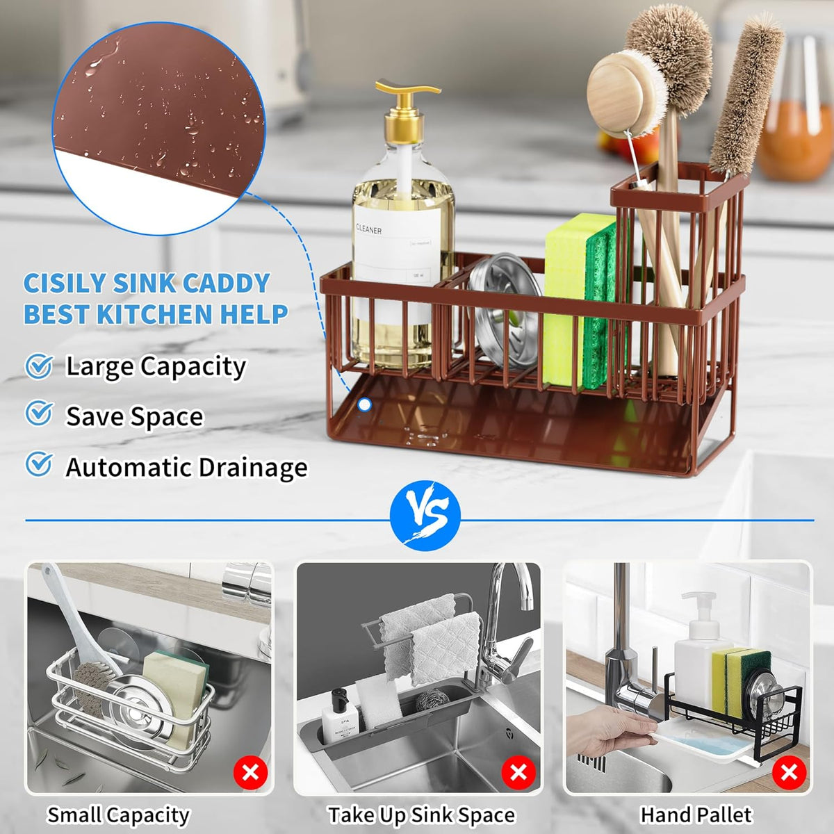 Cisily Kitchen Sink Caddy Organzier with High Brush Holder, Sponge Holder for Sink, 304 Rustproof Stainless, Kitchen Countertop Soap Dispenser Organizer, Kitchen Decor and Accessories (Black) - PuriLite
