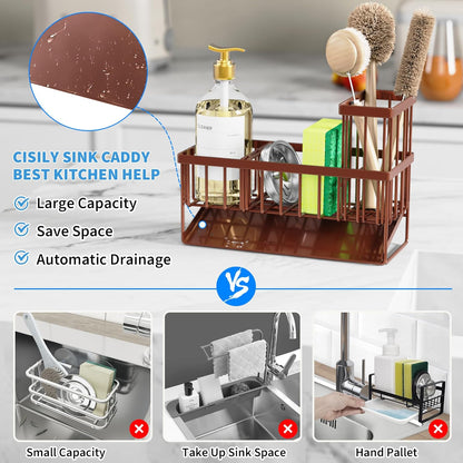 Cisily Kitchen Sink Caddy Organzier with High Brush Holder, Sponge Holder for Sink, 304 Rustproof Stainless, Kitchen Countertop Soap Dispenser Organizer, Kitchen Decor and Accessories (Black) - PuriLite
