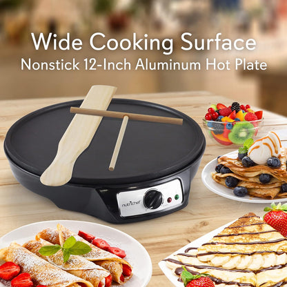 NutriChef Electric Crepe Maker, Cooks Roti, Tortillas, Pancakes, Nonstick Cooktop, 8-inch Cook Area On/Off Switch, Automatic Temperature Control & Cool Touch Handle, Includes Food Bowl, Whisk, Spatula - PuriLite