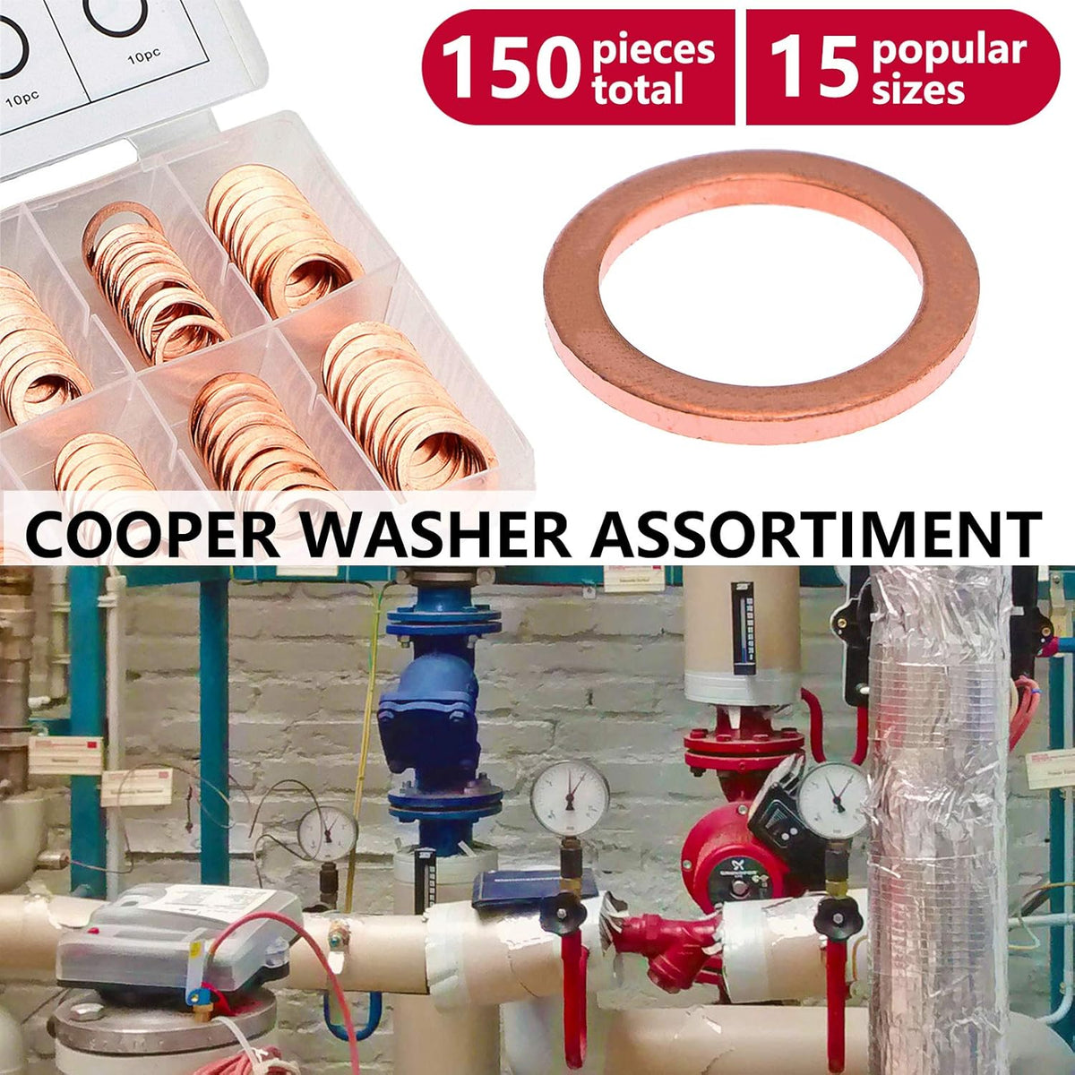 Toolwiz 150PCS 15 Sizes Copper Washers Metric Sealing Assortment Set Flat Ring Sump Plug Crush Washer Oil Drain Plug Gasket Seal Assortment Set M5/6/7/8/10/10.5/11/12/12.5/14/15/16/16.5/17.5 - PuriLite