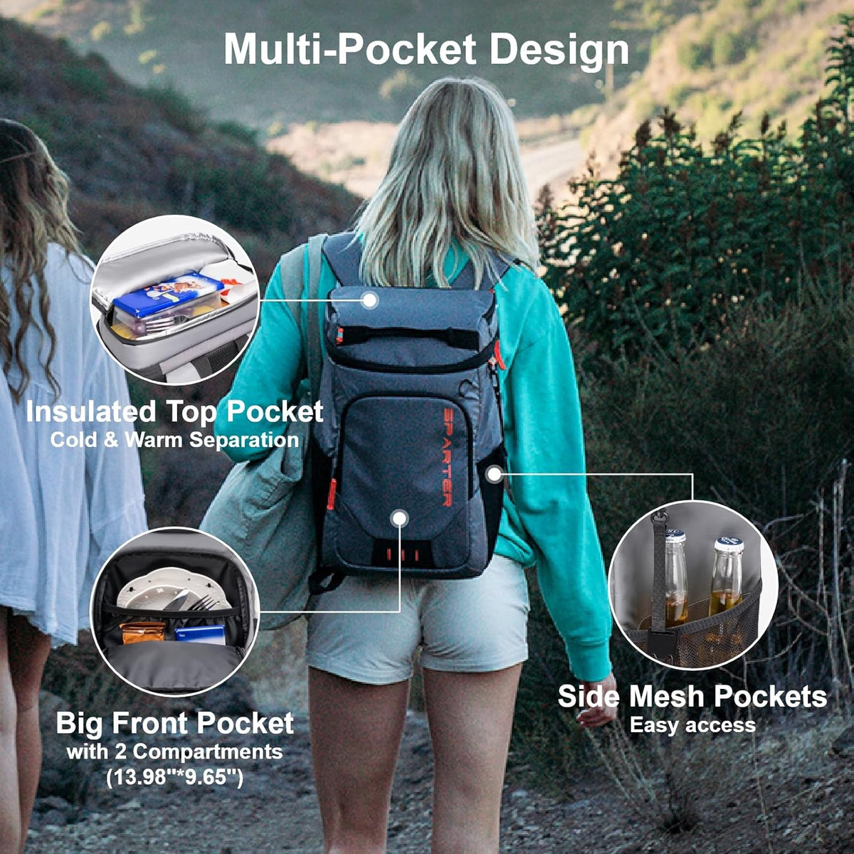 SPARTER Backpack Cooler Insulated Leak Proof 33/49 Cans, 2 Insulated Compartments Thermal Bag, Portable Lightweight Beach Travel Camping Lunch Backpack for Men and Women - PuriLite