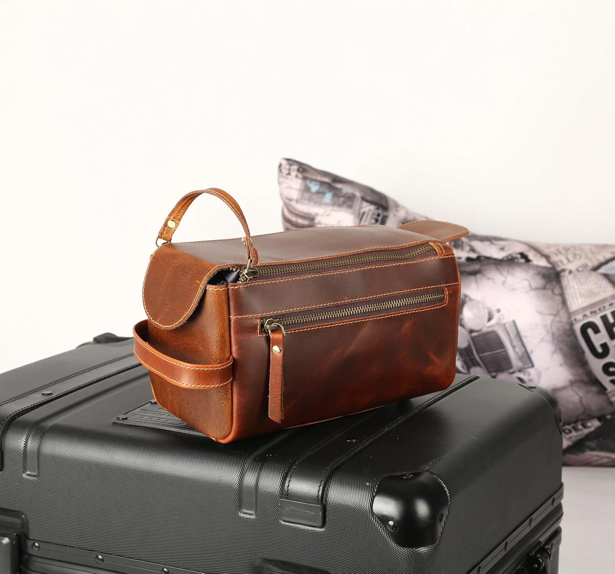 Premium Buffalo Leather Unisex Toiletry Bag Travel Dopp Kit Shaving kit (Distressed Tan) - PuriLite