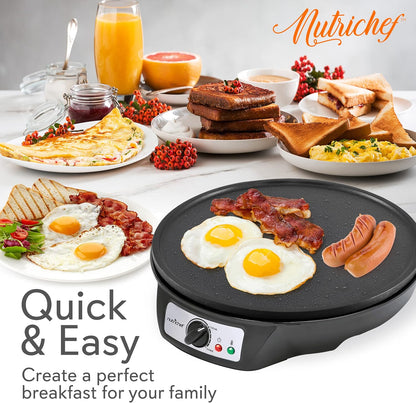 NutriChef Electric Crepe Maker, Cooks Roti, Tortillas, Pancakes, Nonstick Cooktop, 8-inch Cook Area On/Off Switch, Automatic Temperature Control & Cool Touch Handle, Includes Food Bowl, Whisk, Spatula - PuriLite