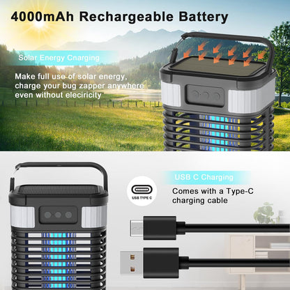 Mosquito Zapper, Solar Bug Zapper 4200V Cordless & Rechargeable Bug Zapper Outdoor with LED Light, Portable Waterproof Electric Fly Zapper with Hook, for Patio Camping Backyard Garden - PuriLite