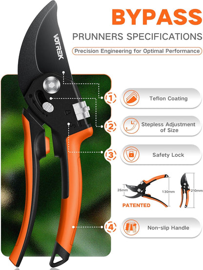 VOTREK Pruning Shears - 8.5" Heavy Duty Bypass Pruners for Gardening with Built-in Spring & SK5 Steel Blades - Ergonomic Adjustable Handle for All Hand Sizes, Garden Clipper Plant Scissors for Branch - PuriLite