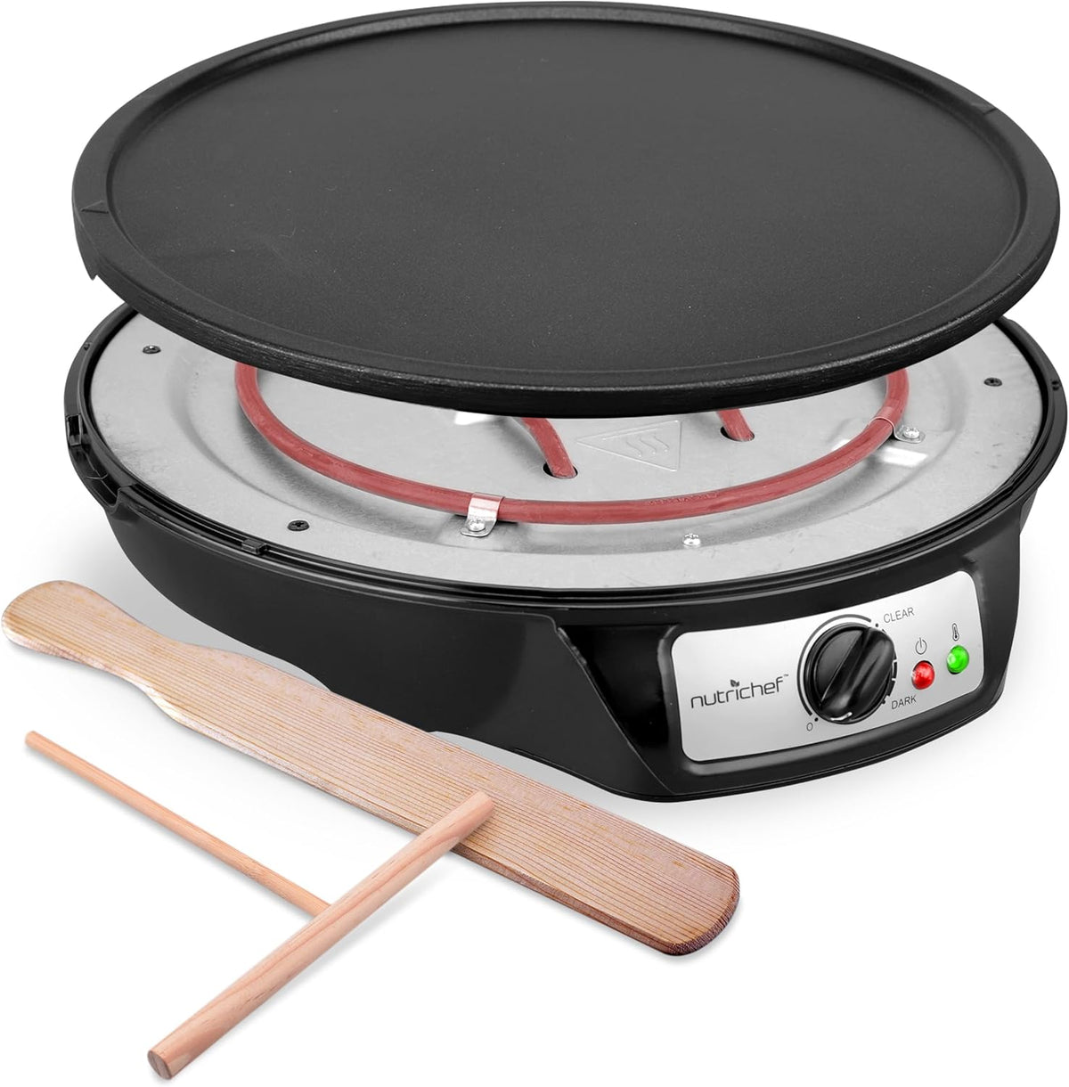 NutriChef Electric Crepe Maker, Cooks Roti, Tortillas, Pancakes, Nonstick Cooktop, 8-inch Cook Area On/Off Switch, Automatic Temperature Control & Cool Touch Handle, Includes Food Bowl, Whisk, Spatula - PuriLite