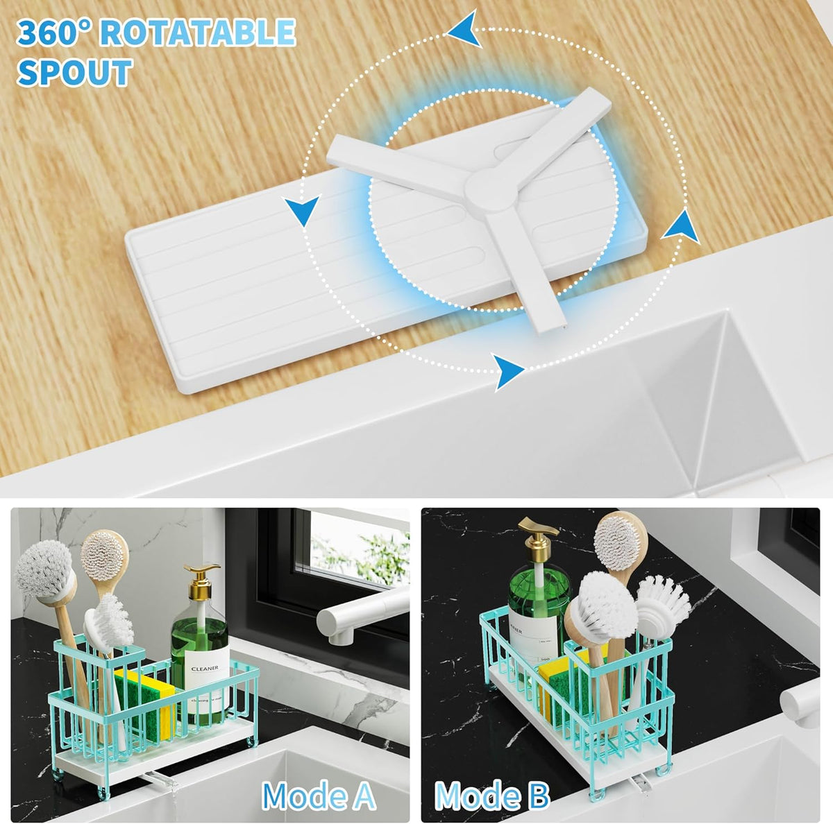 Cisily Sponge Holder for Kitchen Sink, Sink Caddy with High Brush Holder, Organzier Rustproof 304 Stainless Steel Dish Organizer Divider, Soap Dispenser Storage (Black) - PuriLite