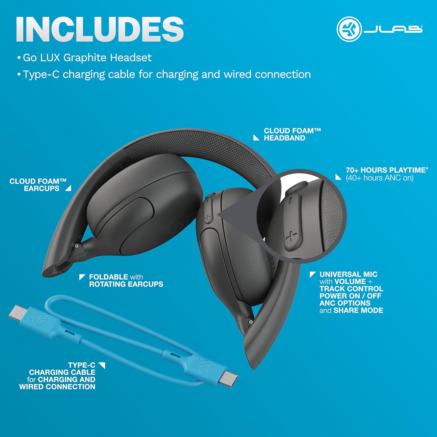 JLab Go Lux ANC Wireless Headphones, Cloud White, Hybrid Active Noise Cancelling, Premium On-Ear Bluetooth Headset, Customizable Sound, Be Aware Mode, Cloud Foam Comfort, Multipoint Connection - PuriLite